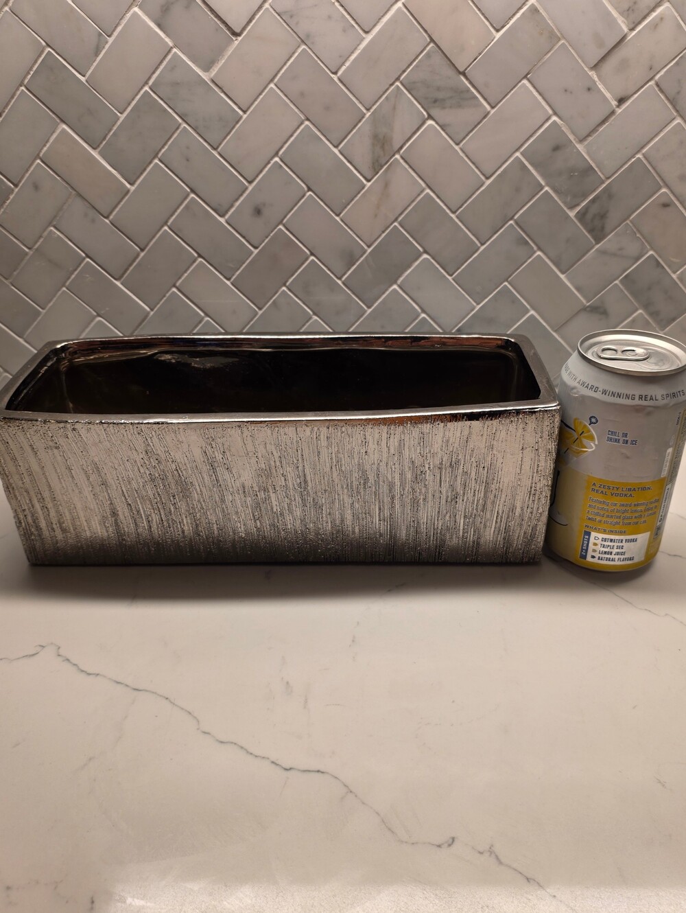 Modern Metallic Silver Ceramic Trough Planter – Textured Rectangular Centerpiece